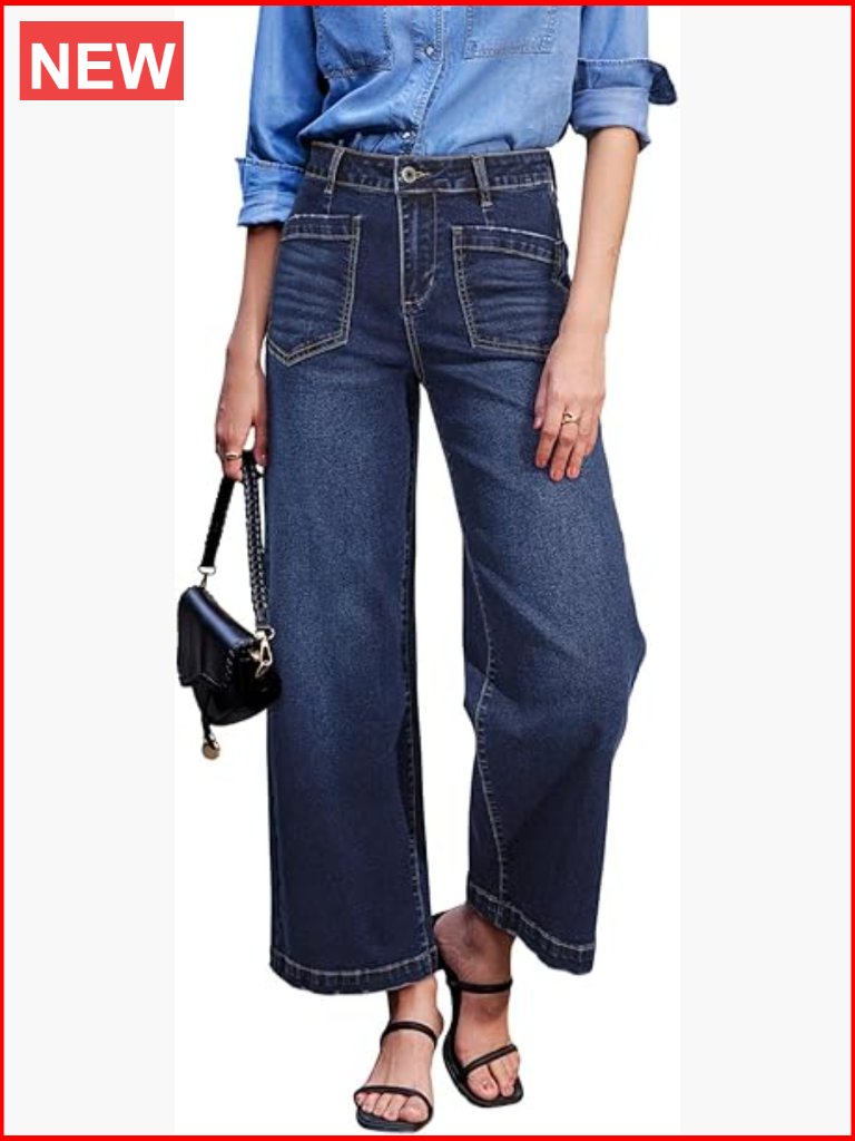 High Waisted Stretchy Wide Leg Jeans With Pockets Ankle Length Looser Fit